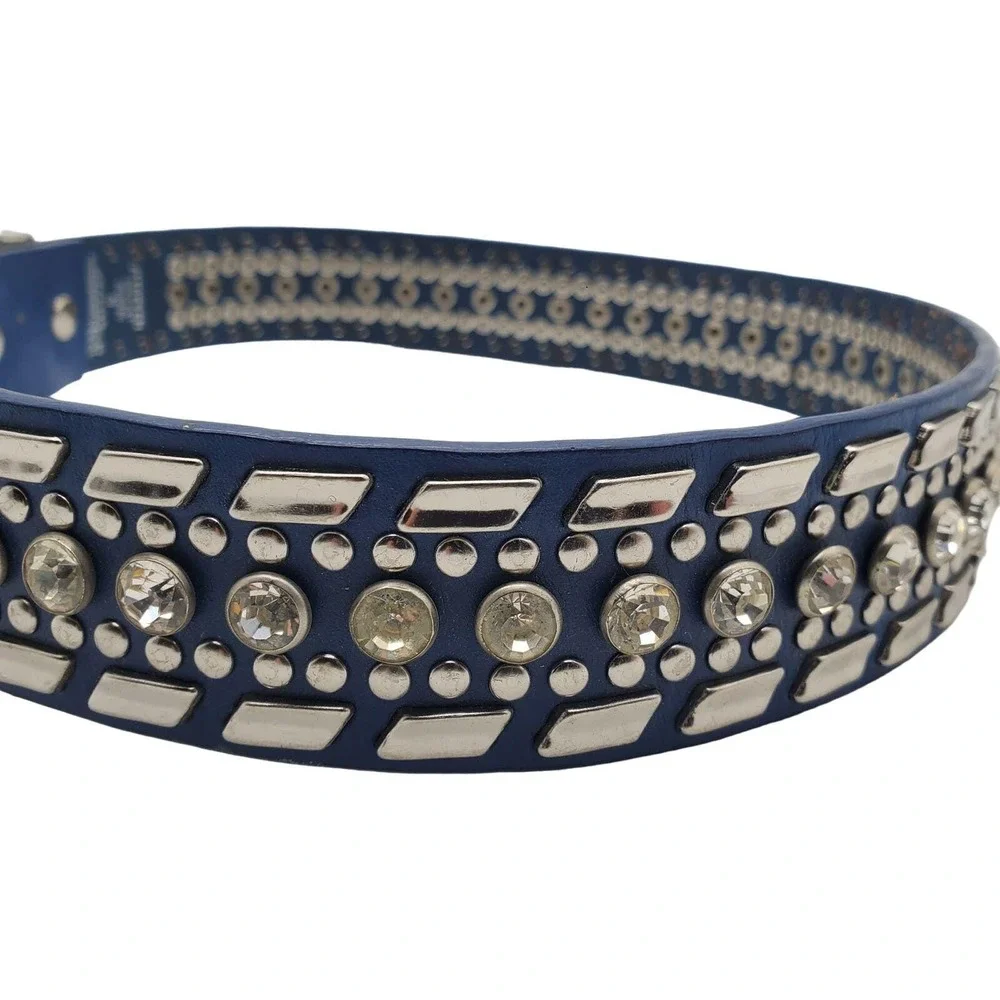 Nocona Blue Leather Belt 26 Crystal Studded Western Silver Floral Buckle Cowgirl